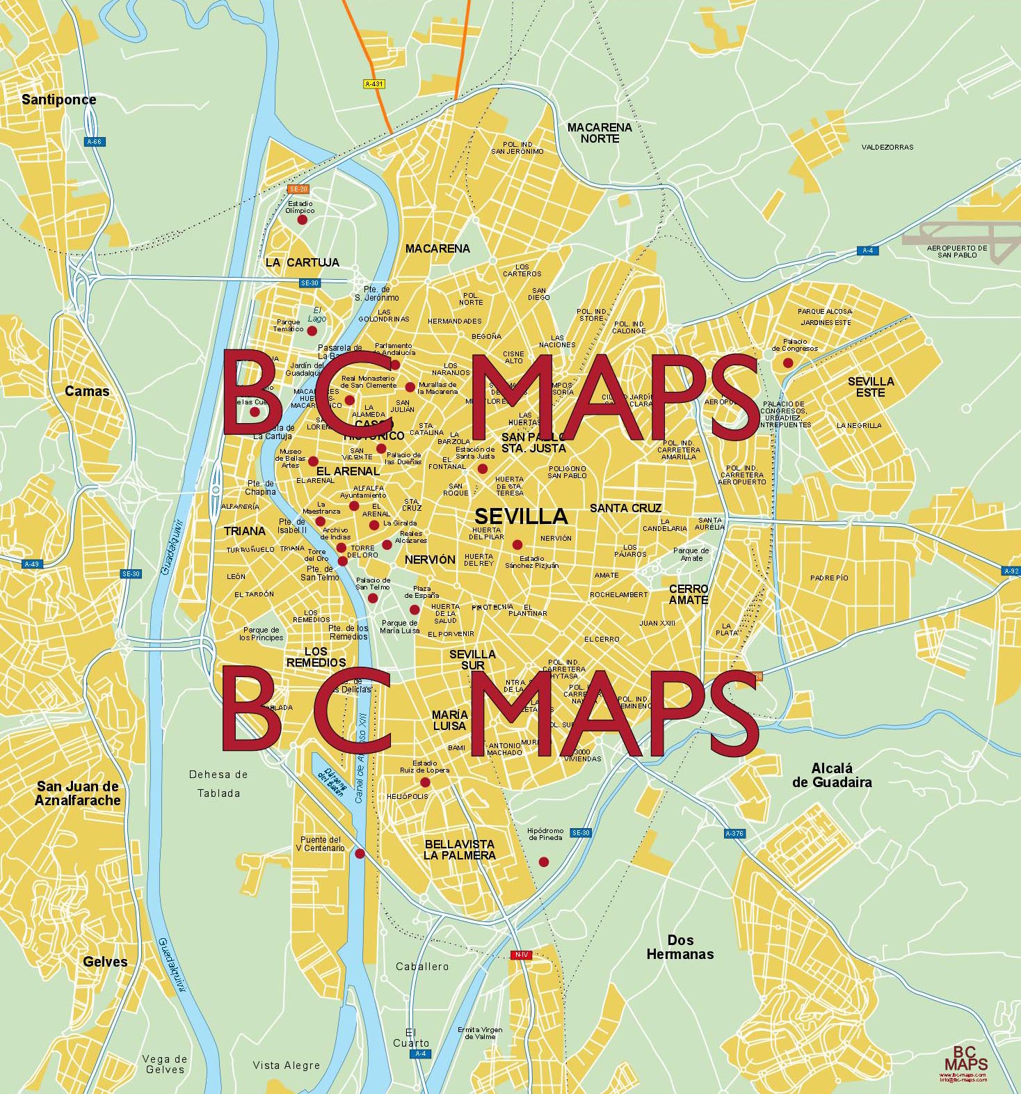 Sevilla Mapa Vectorial Editable Eps Freehand Illustrator Mapas Vectoriales